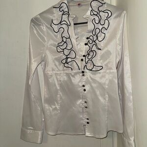 White Satin Blouse with Black Ruffle Trim